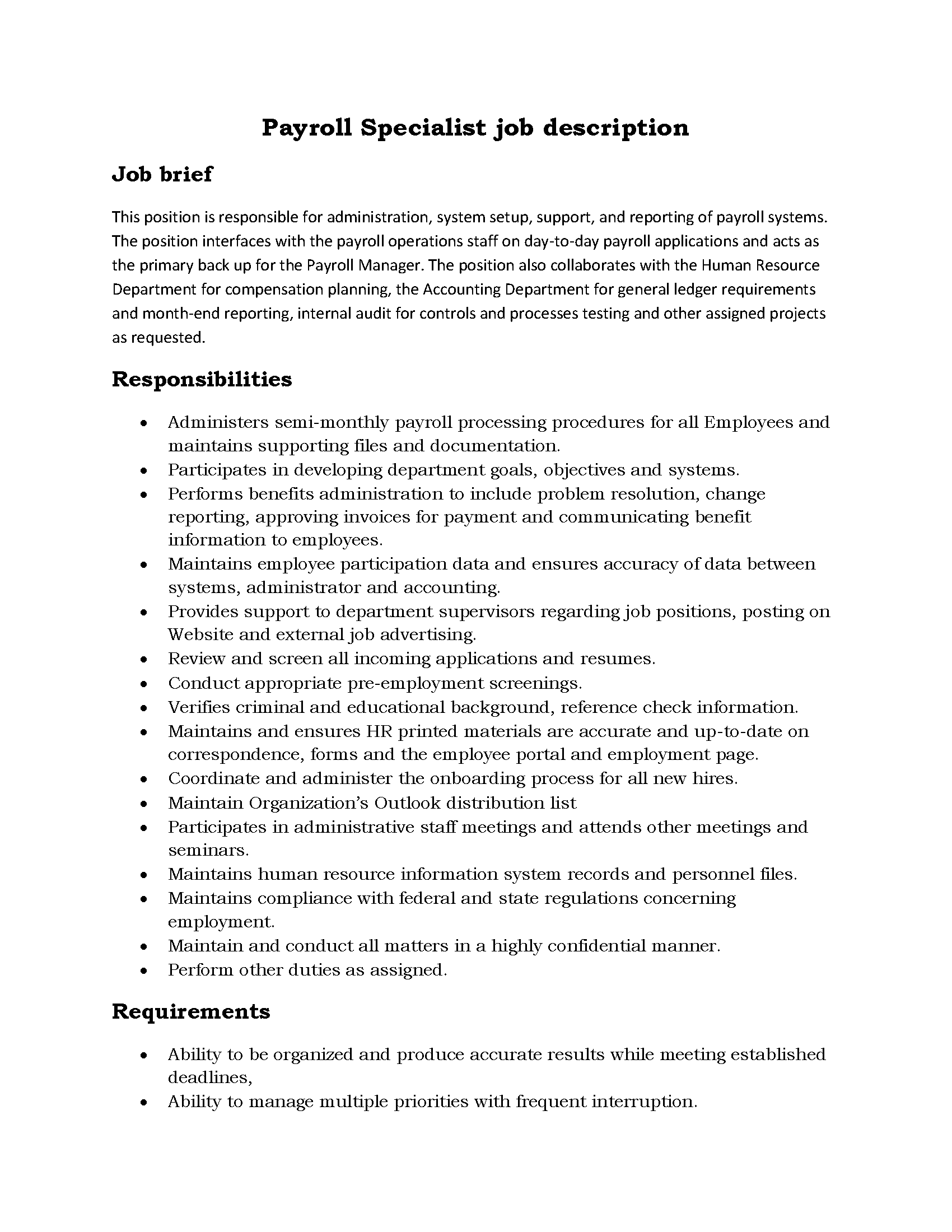 84-Payroll Specialist job description